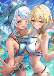  2girls :d ;d absurdres alternate_costume bad_anatomy bare_shoulders bikini blonde_hair blue_bikini blue_eyes blue_hair blue_sky braid breasts bubble bush collarbone commentary_request day eitei_(20041204) foot_out_of_frame from_side genshin_impact hair_between_eyes highres large_breasts light_blue_hair long_hair looking_at_viewer lumine_(genshin_impact) mualani_(genshin_impact) multicolored_eyes multicolored_hair multiple_girls navel one_eye_closed outstretched_arm panties red_eyes short_hair_with_long_locks side-tie_skirt sky smile stomach sunlight swimsuit symbol-shaped_pupils teeth underboob underwear upper_teeth_only very_long_hair white_bikini white_hair white_panties yellow_eyes 