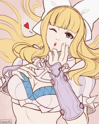  ;o absurdres armor artist_name ayuuniiart bikini_armor blonde_hair blowing_kiss blue_eyes blunt_bangs bow breasts charlotte_(fire_emblem) cleavage female fire_emblem fire_emblem_fates hairbow hand_on_own_chest heart highres long_hair medium_breasts midriff one_eye_closed pink_background simple_background solo upper_body wavy_hair white_bow 