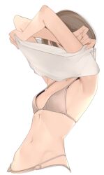  ama_mitsuki armpits arms_up bra breasts brown_bra brown_hair brown_panties commentary_request female highres jewelry navel necklace original panties polka_dot polka_dot_bra shirt short_hair simple_background small_breasts solo standing underwear undressing upper_body white_background white_shirt 