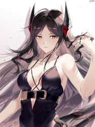  absurdres arknights artist_name bare_shoulders belt black_belt black_dress black_hair black_horns black_nails breasts center_opening collarbone dress female hand_in_own_hair hand_up highres horns ines_(arknights) jewelry light_particles looking_at_viewer medium_breasts multiple_rings parted_lips red_horns ring simple_background solo white_background yellow_eyes yoruyume 