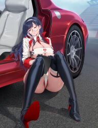  azur_lane black_gloves black_hair black_thighhighs breasts car closed_eyes dupleix_(azur_lane) dupleix_(final_check)_(azur_lane) feguimel female glasses gloves hairband highres huge_breasts leotard long_hair mole mole_under_eye motor_vehicle official_alternate_costume on_ground purple_eyes race_queen semi-rimless_eyewear sitting thighhighs white_leotard 