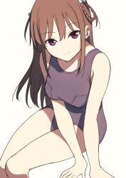  22/7 blue_bow blue_one-piece_swimsuit bow braid braided_hair_rings brown_hair closed_mouth collarbone feet_out_of_frame female from_above hairbow long_hair looking_at_viewer nagareboshi old_school_swimsuit one-piece_swimsuit purple_eyes school_swimsuit simple_background sitting smile solo swimsuit tachikawa_ayaka twin_braids two_side_up white_background 