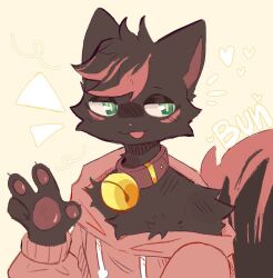  2023 anthro bell bell_collar black_body black_fur bunonthemoon clothing collar domestic_cat felid feline felis femboy fur gesture green_body green_fur hand_gesture hoodie looking_aside male mammal red_clothing red_hoodie red_topwear slim_anthro slim_male solo topwear v_sign 