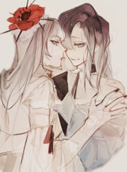  2girls black_nails blood closed_mouth commentary coquelic_(path_to_nowhere) dress finger_to_another&#039;s_mouth flower gradient_hair grey_hair hair_flower hair_ornament hair_over_one_eye hand_on_another&#039;s_face highres long_sleeves looking_at_another multicolored_hair multiple_girls nia_(xinyanfanclub) path_to_nowhere purple_hair red_eyes red_flower shalom_(path_to_nowhere) smile white_dress white_hair yuri 