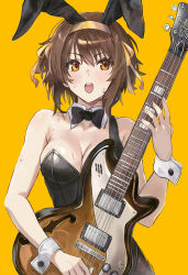  absurdres animal_ears black_bow black_bowtie black_leotard blush bow bowtie breasts brown_eyes brown_hair cleavage commentary detached_collar electric_guitar fake_animal_ears female guitar hair_ribbon hairband highres instrument leotard looking_ahead medium_breasts music open_mouth origonz playboy_bunny playing_instrument rabbit_ears ribbon short_hair simple_background solo strapless strapless_leotard suzumiya_haruhi suzumiya_haruhi_no_yuuutsu sweat teeth upper_teeth_only white_wrist_cuffs wrist_cuffs yellow_background yellow_hairband yellow_ribbon 