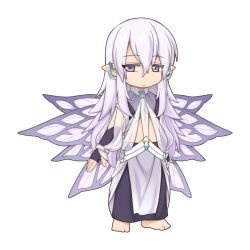  1boy barefoot black_gloves black_shirt black_skirt blue_brooch blue_gemstone chibi chibi_only closed_mouth crop_top earrings expressionless fairy_wings fingerless_gloves full_body gem gloves grey_eyes grey_wings hair_between_eyes hiel_(ragnarok_online) jewelry long_bangs long_hair looking_at_viewer male_focus midriff official_art pointy_ears ragnarok_online shirt sidelocks simple_background skirt sleeveless sleeveless_shirt solo transparent_background very_long_hair white_hair wings yuichirou 