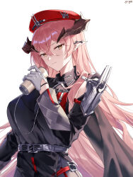  absurdres arknights artist_name black_dress breasts can closed_mouth demon_horns dress female gloves hair_between_eyes hand_up hat hat_ornament highres holding holding_can horns large_breasts long_hair long_sleeves looking_at_viewer pink_hair pointy_ears red_hat red_trim sidelocks silver_trim simple_background solo ulsulah_(arknights) very_long_hair white_background white_gloves yellow_eyes yoruyume 