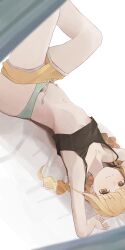  black_camisole blonde_hair braid camisole closed_mouth clothes_pull commentary_request female fujita_kotone gakuen_idolmaster green_panties highres hiroki_(yyqw7151) idolmaster long_hair looking_at_viewer lying navel on_back orange_shorts panties shorts shorts_pull solo twin_braids underwear yellow_eyes 