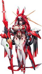  absurdres artist_request ass_visible_through_thighs black_hair blunt_bangs bodysuit breasts covered_navel covered_nipples daiblos_core female full_body helmet highres holding holding_weapon huge_breasts long_hair looking_at_viewer maree_rouge_(daiblos_core) mecha_musume mechanical_tail official_art platform_footwear pubic_tattoo red_helmet see-through simple_background skin_tight skindentation solo tail tattoo thighhighs third-party_source weapon white_thighhighs 