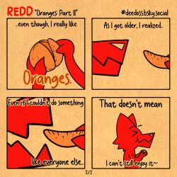  1:1 absurd_res ambiguous_gender anthro canid canine canis cardboard comic_panel deedoss dialogue eating english_text food fox fruit fur hi_res huge_filesize male male/male mammal orange_(fruit) peel peeling plant red_body red_fur redd_(deedoss) simple_background simple_eyes simple_face solo text wolf 