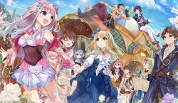  5boys 5girls :d :o atelier_(series) atelier_lulua blonde_hair blue_coat blue_dress blue_eyes blue_hair blue_hairband blue_sky blunt_bangs blush boots bow breasts brown_hair chim_(atelier) christoph_aurel_arland cleavage closed_eyes cloud coat commentary_request crossed_legs day dress elmerulia_fryxell eva_armster everyone ficus_finis flower grey_hair hair_ornament hair_ribbon hairband heart heart_hair_ornament highres holding_hands house jacket karasumi_(aiseec) long_hair long_sleeves looking_at_another looking_back medium_breasts multiple_boys multiple_girls nicodemus_david_dieter on_roof open_mouth outdoors pants piana_(atelier) pink_bow pink_dress pink_jacket red_pants ribbon rorolina_frixell short_hair sitting_on_roof sky small_breasts smile standing sterkenburg_cranach stia_(atelier) white_pants 