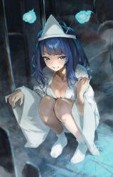  blue_eyes blue_hair breast_press breasts cleavage clenched_teeth collarbone female full_body ghost_costume hanasawa_(pixiv53877974) highres hitodama indoors japanese_clothes kimono long_sleeves make_heroine_ga_oo_sugiru! medium_breasts medium_hair naked_costume shiroshouzoku socks solo squatting teeth triangular_headpiece white_kimono white_socks wide_sleeves yanami_anna 