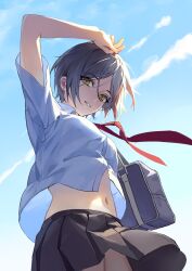  arm_up bag blue_bag breasts cloud dress_shirt earrings female grey_hair hayami_kanade highres idolmaster idolmaster_cinderella_girls jewelry looking_at_viewer medium_breasts navel necktie open_mouth pleated_skirt red_necktie school_bag school_uniform shirt short_hair short_sleeves shoulder_bag sidelocks skirt solo stud_earrings upshirt white_shirt yannn yellow_eyes 