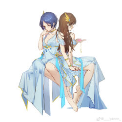  2girls barefoot blue_dress blue_hair bracelet breasts brown_eyes brown_hair commentary dress earrings full_body gold_choker hair_ornament hand_up hayami_kanade highres holding_hands idolmaster idolmaster_cinderella_girls invisible_chair jewelry long_hair medium_breasts multiple_girls open_mouth short_hair short_sleeves simple_background sitting tachibana_arisu white_background yannn yellow_eyes 