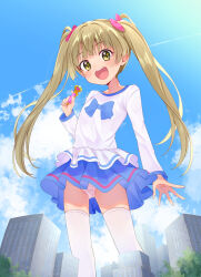  31reyo bad_id bad_pixiv_id blue_skirt brown_eyes brown_hair building cloud giant giantess hair_ribbon highres holding holding_pen idolmaster idolmaster_cinderella_girls kneehighs long_sleeves open_mouth panties pantyshot pen ribbon shirt skirt sky smile socks sparkling_eyes twintails underwear white_shirt white_socks yokoyama_chika 