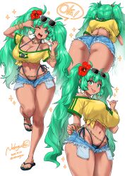  absurdres ass bare_shoulders bead_necklace beads bikini bikini_under_clothes blue_bikini bracelet brazilian_flag_print brazilian_miku breasts cleavage crop_top denim denim_shorts earrings exposed_pocket eyewear_on_head female flower green_eyes green_hair green_nails hair_flower hair_ornament hatsune_miku highleg highleg_bikini highres huge_ass jewelry large_breasts long_hair looking_at_viewer midriff multiple_bracelets multiple_views nail_polish navel necklace nekoguchi one_eye_closed open_mouth rectangular_earrings sandals shaka_sign shirt short_shorts short_sleeves shorts simple_background smile speech_bubble standing standing_on_one_leg swimsuit tan thick_thighs thighs toenail_polish toenails tongue tongue_out twintails very_long_hair vocaloid white_background wide_hips yellow_nails yellow_shirt 