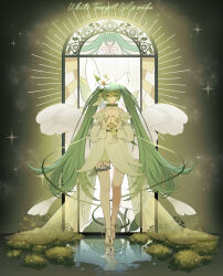  absurdres alternate_costume bare_legs barefoot_sandals_(jewelry) choker closed_mouth commentary_request crossed_bangs detached_collar dress english_text female flower flower_wings frilled_sleeves frills full_body green_choker green_eyes green_hair hair_between_eyes hair_flower hair_ornament hatsune_miku highres jewelry long_hair long_sleeves looking_at_viewer mixed-language_commentary off-shoulder_dress off_shoulder own_hands_clasped own_hands_together puffy_sleeves reflection reflective_water ribbon ripples see-through smile solo stained_glass thighlet twintails tyrolean_(jubile_cherries) very_long_hair vocaloid white_dress white_lily white_ribbon white_wings wings 