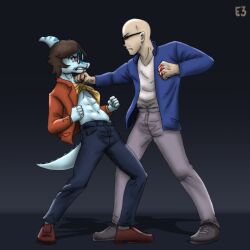  1:1 2024 5_fingers abs aggressive angry anthro athletic athletic_anthro athletic_male bald benjamin_mcknight biped blood blood_on_hand blue_body blue_clothing blue_jacket blue_scales blue_topwear bodily_fluids bone_frill bottomwear brown_hair cavemanon_studios clothed clothing clothing_lift colored dinosaur duo eyewear feet fight fingers fist footwear frill_(anatomy) frown grey_background grey_bottomwear grey_clothing grey_pants hadrosaurid hair holding_clothing holding_object holding_shirt holding_topwear human humanoid_feet humanoid_hands i_wani_hug_that_gator inco_(iwhtg) jacket long_tail looking_at_another male mammal markings medium_hair multicolored_body multicolored_scales nosebleed orange_clothing orange_jacket orange_topwear ornithischian ornithopod pants parasaurolophus plantigrade prehistoric_species purple_eyes purplekatsnek reptile scales scalie shaded shadow shirt shirt_lift shoes side_view simple_background spiked_tail spikes spikes_(anatomy) standing striped_markings stripes sunglasses tail tan_bottomwear tan_clothing tan_pants teeth topwear two_tone_body two_tone_scales white_clothing white_shirt white_topwear yellow_clothing yellow_shirt yellow_topwear 