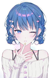  alternate_costume alternate_hairstyle bare_shoulders blue_eyes blue_hair breasts domyo earrings female hair_bun hair_ornament hand_up heart heart_hair_ornament highres jewelry kiritani_haruka off_shoulder one_eye_closed project_sekai short_hair simple_background upper_body white_background 