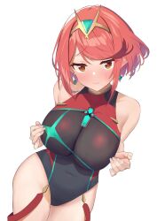  bare_shoulders black_one-piece_swimsuit blush breasts chest_jewel competition_swimsuit covered_navel earrings female gem headpiece highres jewelry large_breasts looking_at_viewer one-piece_swimsuit pyra_(pro_swimmer)_(xenoblade) pyra_(xenoblade) red_eyes red_hair short_hair solo swept_bangs swimsuit tiara xenoblade_chronicles_(series) xenoblade_chronicles_2 xunue3 