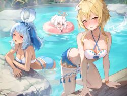  3girls absurdres bare_shoulders blonde_hair blue_hair blue_hairband blush breasts criss-cross_straps dark_skin flower genshin_impact hair_between_eyes hair_flower hair_ornament hairband half-closed_eyes halo highres long_hair looking_at_viewer lumine_(genshin_impact) lumine_(hot_springs)_(genshin_impact) medium_breasts midriff mualani_(genshin_impact) multiple_girls official_alternate_costume onsen paimon_(genshin_impact) pi_tayuko red_eyes short_hair_with_long_locks sidelocks swimsuit white_flower white_hair yellow_eyes 