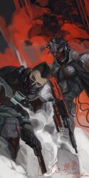  2boys absurdres black_hair blood blood_on_face call_of_duty character_request expressionless grey_eyes gun highres holding holding_gun holding_weapon looking_at_viewer male_focus mask mouth_mask multiple_boys short_hair sin_node smoke standing weapon 