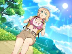  backpack bag breasts bug butterfly cargo_shorts cleavage day field flower flower_field green_eyes hanabi_(senran_kagura) hat hiking hill large_breasts midriff mountainous_horizon navel non-web_source official_art orange_hair senran_kagura senran_kagura_new_link shirt shorts solo sun sunlight tank_top tied_shirt tree yellow_butterfly 