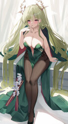  absurdly_long_hair absurdres azur_lane black_footwear black_pantyhose blush breasts cleavage collarbone commentary_request dress female green_dress green_hair hair_branch highres large_breasts long_hair looking_at_viewer napoli_(azur_lane) open_mouth pantyhose red_eyes sitting solo strapless strapless_dress usagi_(786113654) very_long_hair 