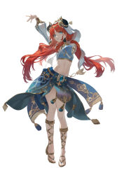  arm_up blue_eyes blue_gemstone blue_skirt blue_veil bracer breasts circlet crop_top dancer fake_horns female floating_hair full_body gem genshin_impact gladiator_sandals gold_footwear gold_trim hand_on_own_face harem_outfit highres horns jewelry long_sleeves looking_at_viewer low_twintails medium_breasts midriff navel neck_ring nilou_(genshin_impact) parted_bangs parted_lips puffy_long_sleeves puffy_sleeves red_hair rikkusu sandals sidelocks simple_background skirt solo stomach tassel toenails toes twintails veil white_background white_headdress white_veil 