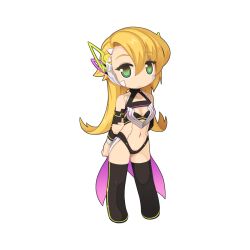  android arms_behind_back asymmetrical_bangs bikini black_bikini black_footwear black_sleeves blonde_hair boots breasts charleston_2 chibi chibi_only cleavage closed_mouth detached_sleeves expressionless female flipped_hair full_body green_eyes hair_between_eyes joints long_hair looking_at_viewer medium_bangs navel official_art purple_skirt ragnarok_online robot_girl robot_joints showgirl_skirt simple_background skirt small_breasts solo standing swimsuit thigh_boots transparent_background yuichirou 