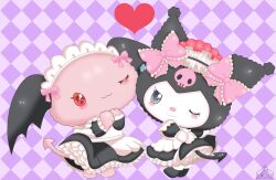  anthro artist_logo black_hood blush cherry_(lloromannic) clothing demon duo female female_anthro grey_eyes head_wings heart_symbol jirachicute28_(artist) kuromi logo maid_headdress maid_uniform one_eye_closed onegai_my_melody pattern_background pink_body pink_bow pink_eyes sanrio simple_background spade_tail tail uniform unusual_wing_placement white_body wings wink 