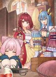  3girls :d =_= ahoge atelier_(series) atelier_sophie bare_shoulders bikini blue_eyes blue_hair blush book box breasts brown_eyes cleavage cleavage_cutout closed_eyes clothes_hanger clothing_cutout commentary_request corneria_(atelier) cosplay curtains dress flask frilled_dress frills highres holding holding_clothes_hanger holding_unworn_clothes indoors large_breasts leon_(atelier) liquid long_hair long_sleeves looking_at_another multiple_girls open_mouth pillow pink_hair pleated_dress puff_of_air purple_dress red_hair short_hair sleeves_past_fingers sleeves_past_wrists smile sophie_neuenmuller sophie_neuenmuller_(cosplay) sophie_neuenmuller_(new_self) swimsuit table unworn_bikini unworn_dress wardrobe window yellow_bikini yurai0739 