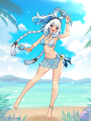  aqua_headband bare_shoulders barefoot beach bikini blue_bikini blurry blurry_background blush braid breasts dark_skin female full_body genshin_impact hairband highres holding holding_instrument holding_maracas instrument long_hair looking_at_viewer maracas mualani_(genshin_impact) nail_polish navel open_mouth red_eyes smile solo swimsuit toenail_polish toenails very_long_hair white_hair yunkaiming 