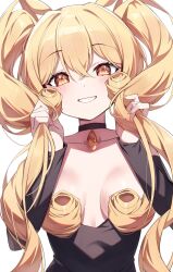  bare_shoulders black_choker black_shirt blonde_hair breasts choker chung_(ugwa) collarbone curly_hair detached_sleeves female grin hair_censor highres holding holding_own_hair long_hair long_sleeves looking_at_viewer medium_breasts nail_polish no_bra orange_eyes orange_nails original shirt simple_background smile solo twintails ugwa upper_body very_long_hair white_background 