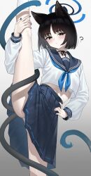  ? absurdres animal_ears black_eyes black_hair black_nails blue_archive blue_halo blue_neckerchief blue_sailor_collar blue_skirt blush bra bra_peek cat_ears cat_girl cat_tail commentary_request cropped_shirt female fingernails gradient_background halo hand_on_own_hip highres kikyou_(blue_archive) long_sleeves looking_at_viewer midriff_peek multiple_tails nail_polish neckerchief nekomata open_mouth panties pantyshot pizza_(pizzania_company) sailor_collar shirt short_hair simple_background skirt solo split standing standing_on_one_leg standing_split tail two_tails underwear white_bra white_panties white_shirt 