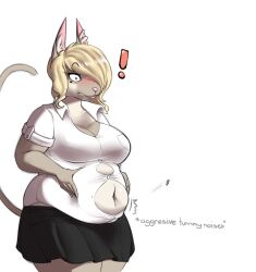  2015 anthro belly big_belly bloated blonde_hair bottomwear breasts button_(fastener) button_pop cleavage clothed clothing collared_shirt domestic_cat dress_shirt english_text felid feline felis female hair hair_over_eye holding_belly mammal markings miniskirt mole_(marking) navel office_clothing overweight overweight_anthro overweight_female pewbutt shirt simple_background skirt solo surprise tail text tight_clothing tight_shirt tight_topwear topwear wardrobe_malfunction white_background 