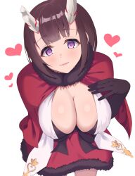  breasts broken_horn brown_hair cape capelet chikuma_nao cleavage demon_girl demon_horns dress eriko_(princess_connect!) female fur-trimmed_capelet fur-trimmed_dress fur_trim heart highres horns huge_breasts leaning_forward princess_connect! purple_eyes red_cape red_capelet red_dress simple_background solo white_background 