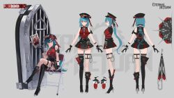  arm_belt artist_request asymmetrical_footwear asymmetrical_legwear bare_arms bare_shoulders belt bianca_(black_survival) black_footwear black_gloves black_hat black_skirt black_survival black_thighhighs blue_hair boots breast_pocket breasts brown_thighhighs chair closed_mouth coffin cross-shaped_pupils crossed_legs cuffs dress_shirt eternal_return:_black_survival female fishnet_thighhighs fishnets folding_chair full_body gloves handcuffs hat high_heel_boots high_heels highres knee_boots long_hair looking_at_viewer loose_belt low_ponytail medium_breasts miniskirt mismatched_legwear multiple_views official_alternate_costume official_art one_eye_closed peaked_cap pocket red_eyes red_shirt reference_sheet shirt shirt_tucked_in single_knee_boot single_thigh_boot sitting skirt sleeveless sleeveless_shirt smile symbol-shaped_pupils tachi-e thigh_boots thighhighs thighs tumbler umbrella v-shaped_eyebrows very_long_hair walkie-talkie wanted_poster whistle whistle_around_neck 