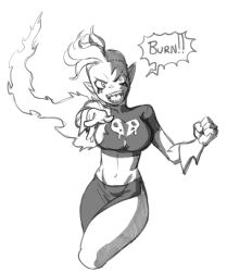  alien alien_humanoid bottomwear breasts clothed clothing darkeros dialogue disney english_text female freckles gloves hair handwear hi_res humanoid humanoid_pointy_ears looking_at_viewer lord_dominator midriff monochrome noseless not_furry open_mouth solo teeth text thick_thighs tongue topwear wander_over_yonder 