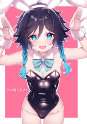  1boy absurdres animal_ears aqua_bow aqua_bowtie aqua_eyes aqua_hair arms_up black_hair black_leotard blush bow bowtie braid bulge chest_tattoo fake_animal_ears genshin_impact gradient_hair hairband hands_up highres leotard looking_at_viewer male_focus momochiwood multicolored_hair open_mouth otoko_no_ko playboy_bunny rabbit_ears smile solo tattoo twin_braids venti_(genshin_impact) white_hairband 