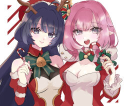  2girls bare_shoulders bell blue_eyes breasts candy candy_cane christmas cleavage dress elysia_(honkai_impact) fake_antlers food fuka_(_ilouxs2) hair_ornament highres holding holding_candy holding_candy_cane holding_food honkai_(series) honkai_impact_3rd large_breasts multiple_girls neck_bell open_mouth pink_hair purple_hair raiden_mei red_dress santa_dress see-through see-through_cleavage teeth two-tone_dress upper_body upper_teeth_only white_background white_dress 