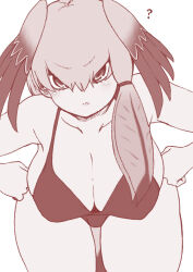  ? annoyed armpits bird_girl bird_tail bird_wings breasts cleavage clenched_hands cowboy_shot feathered_wings female furrowed_brow hair_between_eyes hands_on_own_hips head_wings highres isna_(footprintsofisna) kemono_friends large_breasts leaning_forward looking_at_viewer monochrome multicolored_hair pout red_theme shoebill_(kemono_friends) simple_background single_sidelock solo spoken_question_mark straight-on swimsuit tail thick_thighs thighs tsurime two-tone_hair v-shaped_eyebrows white_background wide_hips wings 