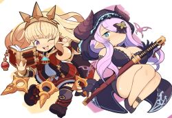  2girls :d :o aqua_eyes black_footwear blonde_hair blunt_bangs blush book boots breasts bright_pupils cagliostro_(granblue_fantasy) cleavage deformed draph flat_chest full_body granblue_fantasy hair_ornament hair_over_one_eye headband high_heels holding holding_book holding_sword holding_weapon hood horns jellcaps katana large_breasts looking_at_viewer multiple_girls narmaya_(granblue_fantasy) narmaya_(the_black_butterfly)_(granblue_fantasy) official_alternate_costume one_eye_closed parted_lips pink_pupils pointy_ears purple_eyes purple_hair scabbard sheath simple_background smile sword weapon white_background white_pupils 