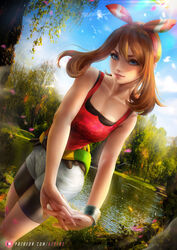  1girls arms axsens bare_shoulders belt beltskirt blue_eyes bra bracelet breasts brown_hair clothed clothing cute cute_face female female_focus female_only fit fit_female forest game_freak headwrap hips lake looking_at_viewer may_(pokemon) may_(pokemon_oras) medium_breasts medium_hair nature nintendo pokemon pokemon_oras pond realistic shirt shorts sleeveless_shirt slim_girl small_breasts smile solo solo_female solo_focus sports_bra standing stretching stretching_arms thighs toned toned_female trees water 