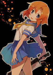  bare_arms bare_legs black_background blood blood_splatter blue_eyes blue_sailor_collar blue_skirt blush commentary cowboy_shot english_text female gradient hanokage hashitsuki_nata highres higurashi_no_naku_koro_ni holding holding_weapon looking_at_viewer looking_back nata_(tool) necktie open_mouth orange_hair ryuuguu_rena sailor_collar shirt short_hair short_sleeves simple_background skirt smile solo weapon white_shirt yellow_necktie 