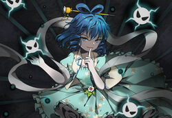  aqua_dress bad_id bad_pixiv_id belt blue_eyes blue_hair blush breasts collared_dress danmaku dress drill_hair evil_smile female finger_to_mouth floral_print flower frilled_sleeves frills hagoromo hair_ornament hair_rings hair_stick kaku_seiga large_breasts leaf looking_at_viewer pink_flower puffy_short_sleeves puffy_sleeves shawl short_hair short_sleeves smile solo standing touhou touhou_lost_branch_of_legend upper_body vest vikramjoti white_vest wing_collar 