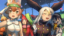  5girls :d ^_^ animal_ear_fluff animal_ears bald_eagle_(kemono_friends) black_hair black_headwear blonde_hair blunt_bangs borrowed_character brown_hair cellphone closed_eyes commentary_request confetti dhole_(kemono_friends) ezo_red_fox_(kemono_friends) flag fox_ears fur_collar gloves gradient_hair hairband happy hat head_wings highres japanese_wagtail_(kemono_friends)_(kitsunetsuki_itsuki) kemono_friends kemono_friends_3 long_hair long_sleeves looking_away multicolored_hair multiple_girls open_mouth original phone phone_with_ears purple_eyes red_eyes red_hair salute scarlet_ibis_(kemono_friends) shirt short_hair sleeveless sleeveless_shirt smile welt_(kinsei_koutenkyoku) white_gloves white_hair wings yellow_eyes 