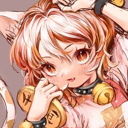  80isiiii animal_ears arm_up bell black_choker blush brown_background brown_eyes brown_hair cat_ears cat_girl cat_tail choker coin commentary_request female goutokuji_mike hair_between_eyes hands_up highres looking_at_viewer multicolored_hair neck_bell oerba_yun_fang open_mouth orange_hair puffy_short_sleeves puffy_sleeves shirt short_sleeves simple_background smile solo t-shirt tail tongue touhou upper_body white_hair white_shirt wristband 