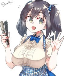  alternate_costume apron black_hair blue_apron blue_bow blue_bowtie blue_skirt bow bowtie breasts checkered_apron checkered_clothes employee_uniform female gingham gingham_apron green_eyes hair_ribbon high-waist_skirt highres kantai_collection kobeya kobeya_uniform large_breasts matsunaga_(haku) open_mouth plaid plaid_apron pleated_shirt ribbon skirt smile solo souryuu_(kancolle) tongs twintails twitter_username uniform upper_body waitress 