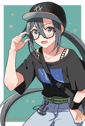  amagiri_(kancolle) anchor black_hat black_shirt blush border casual collarbone cowboy_shot female glasses grey-framed_eyewear grey_eyes grey_hair grey_pants hair_between_eyes hat highres kantai_collection long_hair natsume_(natsume_melio) official_alternate_costume open_mouth pants ponytail shirt short_sleeves smile solo star_(symbol) twitter_username white_border white_pants 